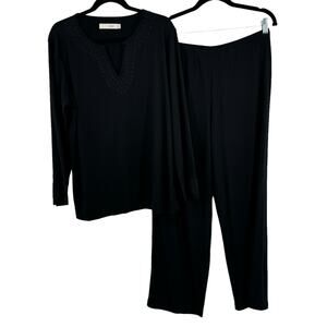 I Magnin 2 Piece Set M Black Long Sleeve Top Elastic Waist Pants Embroidered